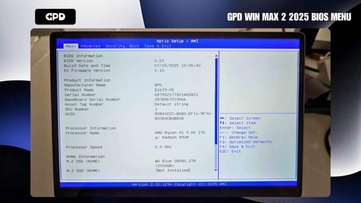 GPD WIN MAX 2 2025 BIOS Menu