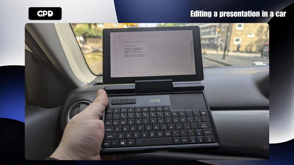 Editing a presentation in a car with the GPD MIcroPC 2