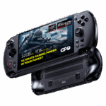 A dynamic shot of two black GPD WIN 5 handheld gaming consoles on a black background. The top device is angled to show its screen, which displays a first-person shooter game and features prominent overlays: 7" screen, AMD Ryzen AI Max, AMD Radeon 8060S graphics, 32GB RAM, and 1TB NVMe SSD. The bottom device is flipped over, showing its ergonomic grips and ventilation grilles.