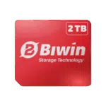 The logo for Biwin Storage Technology on a glossy red, square card, with a white badge in the top right corner that reads "2 TB", set against a dark green background.
