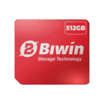 The logo for Biwin Storage Technology on a glossy red, square card, with a white badge in the top right corner that reads "512GB", set against a dark green background.