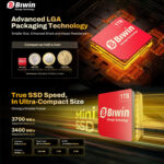 A promotional graphic for the Biwin Mini SSD focusing on its compact size and speed. The top section highlights the Advanced LGA Packaging Technology by comparing the 1TB red SSD card to various global coins (GBP, EUR, USD). The bottom section features the card again, advertising sequential read speeds up to 3700 MB/s and write speeds up to 3400 MB/s, and listing technical specs like PCIe 4.0 x2 interface and NVMe 1.4 protocol.