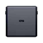 Een vooraanzicht van de zwarte, vierkante, afneembare accu voor de GPD WIN 5, met het GPD-logo subtiel gecentreerd op het oppervlak. De accu is geïsoleerd tegen een zwarte achtergrond.