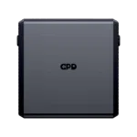 A front view of the black, square, detachable battery pack for the GPD WIN 5, with the GPD logo subtly centered on its surface. The battery is isolated against a black background.