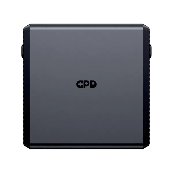 A front view of the black, square, detachable battery pack for the GPD WIN 5, with the GPD logo subtly centered on its surface. The battery is isolated against a black background.