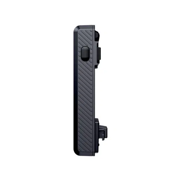 A side view of the black detachable battery pack, highlighting its textured side grip and the release button mechanism for hot-swapping. The battery is isolated against a white background.