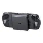 A rear, angled view of the black GPD WIN 5 handheld gaming console with the detachable battery pack secured in the center of its back. This view shows how the battery module integrates between the device's ergonomic grips. The console's ventilation and shoulder button labels are visible. The console and battery are isolated against a white background.