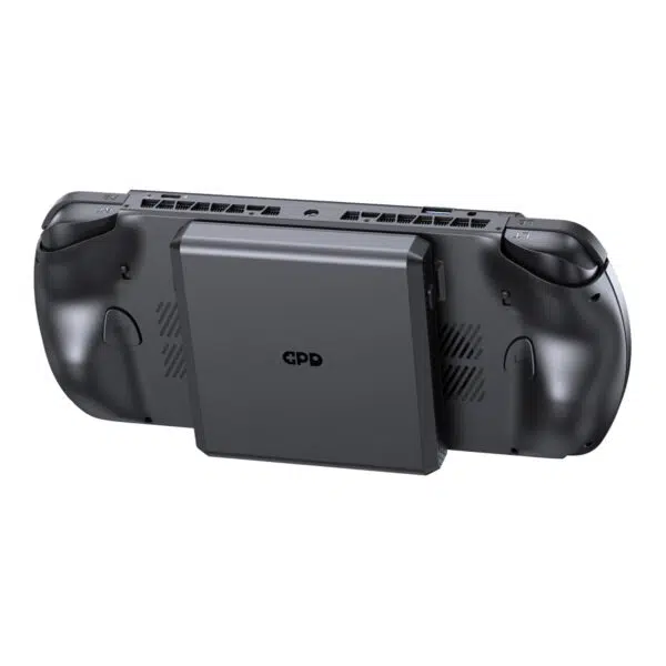 A rear, angled view of the black GPD WIN 5 handheld gaming console with the detachable battery pack secured in the center of its back. This view shows how the battery module integrates between the device's ergonomic grips. The console's ventilation and shoulder button labels are visible. The console and battery are isolated against a white background.