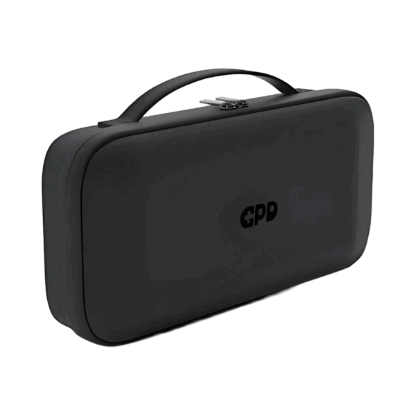 A three-quarter view of a closed, black hard-shell carrying case for the GPD WIN 5, featuring a top handle, dual zippers, and a subtle black GPD logo centered on the front. The case is set against a dark green background.