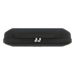 A top-down, side-profile view of the closed, black hard-shell carrying case, highlighting the dual metal zipper pulls and the center strap/handle detail. The case is isolated against a white background.