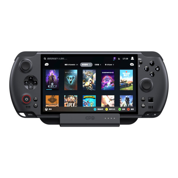 Een direct vooraanzicht van de zwarte GPD WIN 5 handheld console die veilig in zijn dock rust. Het scherm toont een interface voor de videogamebibliotheek (Steam OS-stijl) met verschillende spelcovers zoals Destiny 2, Overwatch 2 en Apex. Het prominente GPD-logo en de LED-indicatoren van het dock zijn zichtbaar onder de console.  