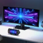 إعداد للألعاب يضم جهاز GPD WIN 5 مثبتاً على مكتب أبيض أمام شاشة كبيرة وعريضة للغاية. تعرض كل من شاشة وحدة التحكم والشاشة الخارجية رسماً متطابقاً ونابضاً بالحياة باللونين الأزرق والأرجواني المجرد عالي السرعة. المشهد مضاء بإضاءة نيون ذات أجواء رائعة.