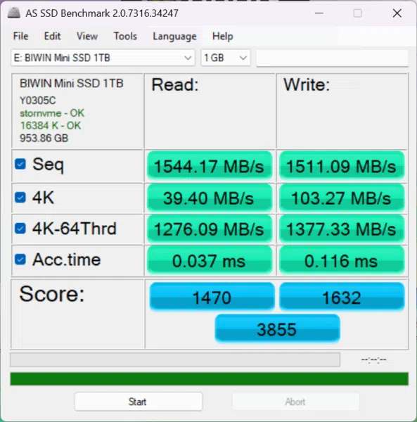 GPD WIN 5 Mini SSD AS SSD SSD salīdzinošais tests