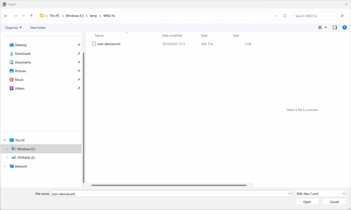 Open scan-devices xml file