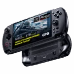 A dynamic shot of two black GPD WIN 5 handheld gaming consoles on a black background. The top device is angled to show its screen, which displays a first-person shooter game and features prominent overlays: 7" screen, AMD Ryzen AI Max, AMD Radeon 8060S graphics, 128GB RAM, and 4TB NVMe SSD. The bottom device is flipped over, showing its ergonomic grips and ventilation grilles.
