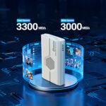 Marketing graphic displaying the Biwin Mini SSD Reader with "3300 MB/s" read and "3000 MB/s" write speeds, illustrated with holographic media windows surrounding the device.