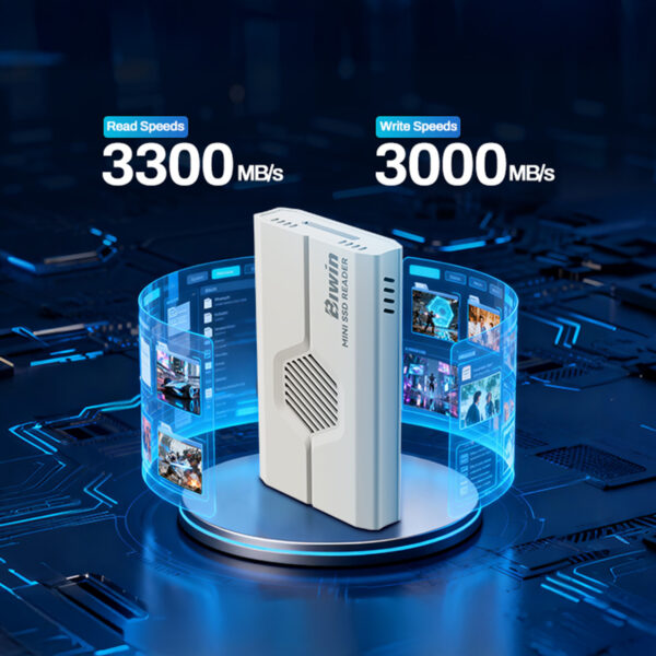 Marketing graphic displaying the Biwin Mini SSD Reader with "3300 MB/s" read and "3000 MB/s" write speeds, illustrated with holographic media windows surrounding the device.