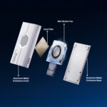 An exploded view diagram of the Mini SSD Reader showcasing its internal components, including the "Aluminum Metal Enclosure" cover and base, a "Dust Filter," and a "Mini Blower Fan".