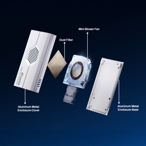 An exploded view diagram of the Mini SSD Reader showcasing its internal components, including the "Aluminum Metal Enclosure" cover and base, a "Dust Filter," and a "Mini Blower Fan".