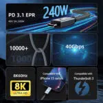 En sammanfattande funktionsbild för USB-4-kabeln. Bilden innehåller flera paneler: Överst: En 240W Power Delivery (PD 3.1 EPR)-etikett bredvid en närbild av USB-C-kontakten. Mitten till vänster: Livslängdsikonen "10000+" visar en knuten kabel. Mitten höger: "40Gbps" dataöverföringshastighet med en glödande ljuseffekt. Längst ner till vänster: logotypen "8K60Hz" och "8K Ultra HD". Längst ner i mitten: Texten "Compatible with iPhone 15 series" visas med kabeln inkopplad i en telefon. Längst ner till höger: Text och logotyp för "Kompatibel med Thunderbolt 3".