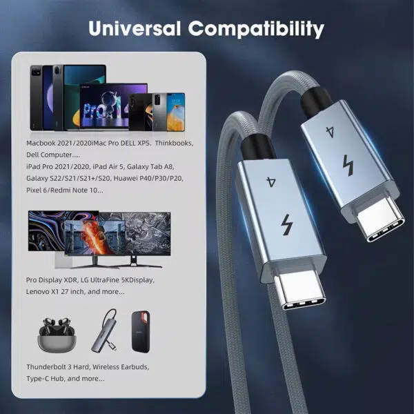 En infografik med titeln "Universal Compatibility". På vänster sida listas kompatibla enheter, inklusive MacBooks, iPads, Galaxy-telefoner, Pixel-telefoner och Pro Display XDR-skärmar. På höger sida finns en stor 3D-rendering av de två USB-C-kabeländarna.