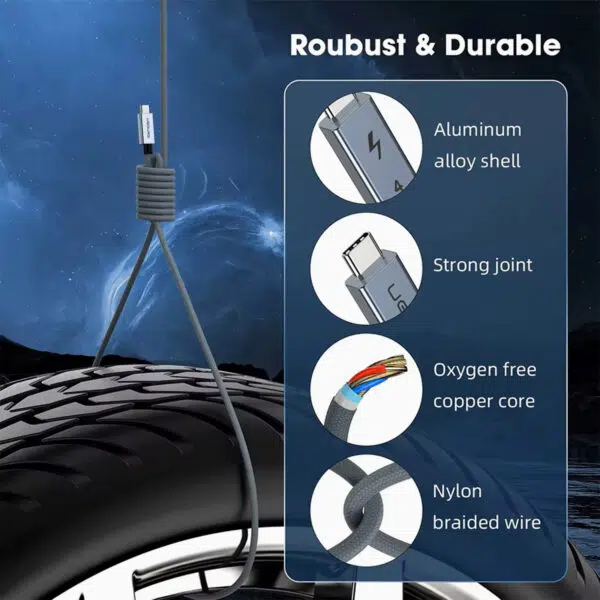 En bild med titeln "Robust & Durable" som visar kabelns konstruktion. Den föreställer kabeln som stödjer ett tungt bildäck för att visa styrkan. Fyra cirkulära infällda bilder visar skalet av aluminiumlegering, den förstärkta skarven, den syrefria kopparkärnan och den nylonflätade tråden.
