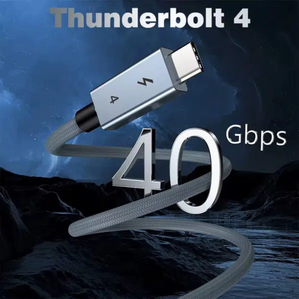 En stiliserad marknadsföringsbild med texten "Thunderbolt 4" högst upp. En stor 3D-metallisk "40 Gbps"-logotyp är sammanflätad med den flätade kabeln mot en mörk bakgrund av bergslandskap.
