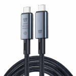 Focus: Connector Close-up Visual: A clean, vertical shot of the two USB-C heads against a black background. Key Info: One head is engraved with the E-marker chip icon and the four main specs (240W, 80Gbps, 8K60Hz).