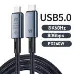 Keskity: Kuva: Samanlainen kuin kuva 01, mutta oikealla puolella on suuri teksti "pillereitä". Avaintiedot: Isot, lihavoidut merkinnät USB 5.0, 8K60Hz, 80Gbps ja PD240W.