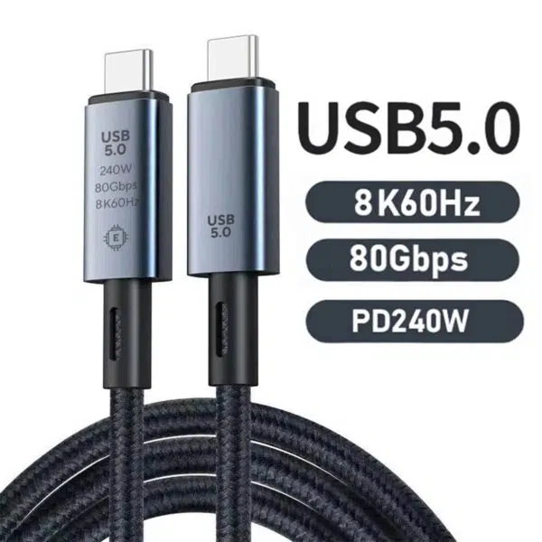 Keskity: Kuva: Samanlainen kuin kuva 01, mutta oikealla puolella on suuri teksti "pillereitä". Avaintiedot: Isot, lihavoidut merkinnät USB 5.0, 8K60Hz, 80Gbps ja PD240W.