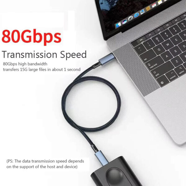 Focus: 80Gbps Data Speed Visual: Top-down view of the cable connecting a laptop to an external hard drive/SSD. Key Info: Large red text reading 80Gbps and the claim that it can transfer a 15GB file in about 1 second.