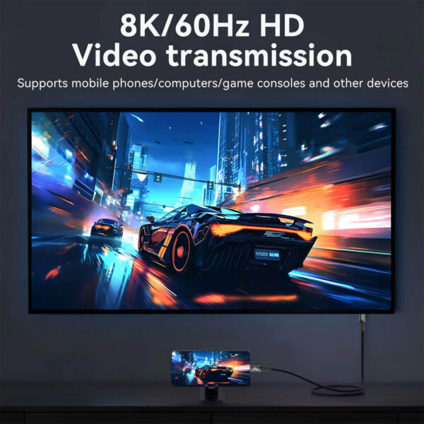 Focus: 8K Video Transmission Visual: Shows a smartphone connected to a large TV screen displaying a racing car. Key Info: Highlights 8K/60Hz resolution and compatibility with consoles and mobile devices.