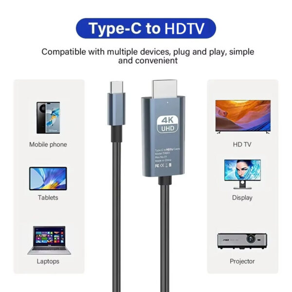 A product infographic titled "Type-C to HDTV". It features a center image of a grey Type-C to HDMI adapter cable with a "4K UHD" label. Two columns illustrate compatibility: the left column shows icons for mobile phones, tablets, and laptops; the right column shows icons for HDTVs, monitors, and projectors. The text states the device is "Compatible with multiple devices, plug and play, simple and convenient".