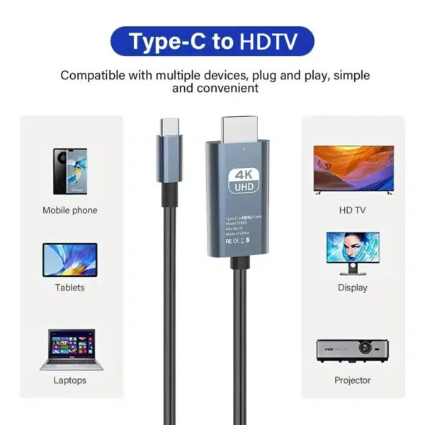 Produkta infografika "C tipa televizors HDTV". Tās centrā attēlots pelēks C tipa HDMI adaptera kabelis ar uzlīmi "4K UHD". Divās slejās ilustrēta savietojamība: kreisajā slejā redzamas mobilo tālruņu, planšetdatoru un klēpjdatoru ikonas; labajā slejā redzamas HDTV, monitoru un projektoru ikonas. Tekstā norādīts, ka ierīce ir "savietojama ar vairākām ierīcēm, plug and play, vienkārša un ērta".