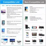 Detalizēta saderības tabula, kas sadalīta divās sadaļās. Saderīgo saraksts: Ietver USB Type-C ierīces ar video izeju, tostarp Apple (MacBook, iPad Pro), Microsoft (Surface), Google (Pixelbook), Dell (Latitude, XPS) un Samsung (Galaxy S un Note sērijas) modeļus. Tajā ir uzskaitītas arī ierīces ar HDTV, piemēram, televizori, monitori un projektori. Nesaderīgo saraksts: Tajā ir norādītas konkrētas ierīces, kas nedarbosies, tostarp iPhone (Lightning), Samsung A sērijas ierīces, Kindle Fire planšetdatori un spēļu konsoles, piemēram, PlayStation, Nintendo Switch un Xbox. Šajā sarakstā nav iekļauti arī automašīnu displeji, kameras un GoPro ierīces.