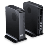 A three-quarter product shot of two identical, black, compact GPD-branded eGPU or docking stations standing in their own bases against a dark background. The unit on the left shows the textured front and a side edge featuring two USB ports and the "GPD" logo. The unit on the right shows the textured back panel, which is densely packed with connectivity ports including Oculink, a power socket, an HDMI port, multiple USB ports, two Ethernet ports, and an audio jack, highlighting its comprehensive input and output capabilities.