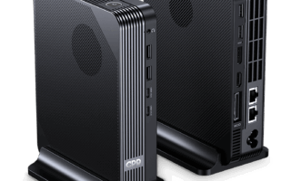 A three-quarter product shot of two identical, black, compact GPD-branded eGPU or docking stations standing in their own bases against a dark background. The unit on the left shows the textured front and a side edge featuring two USB ports and the "GPD" logo. The unit on the right shows the textured back panel, which is densely packed with connectivity ports including Oculink, a power socket, an HDMI port, multiple USB ports, two Ethernet ports, and an audio jack, highlighting its comprehensive input and output capabilities.