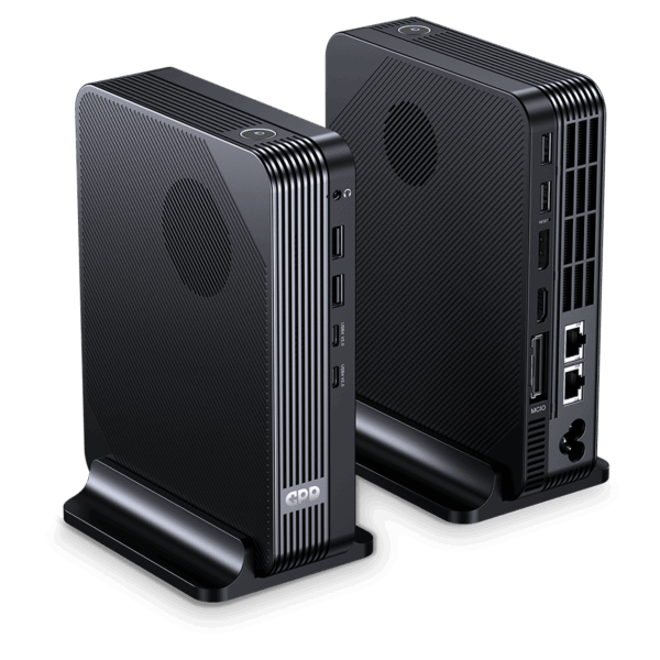 A three-quarter product shot of two identical, black, compact GPD-branded eGPU or docking stations standing in their own bases against a dark background. The unit on the left shows the textured front and a side edge featuring two USB ports and the "GPD" logo. The unit on the right shows the textured back panel, which is densely packed with connectivity ports including Oculink, a power socket, an HDMI port, multiple USB ports, two Ethernet ports, and an audio jack, highlighting its comprehensive input and output capabilities.