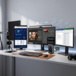 GPD Box Mini PC powered workstation featuring a triple-monitor setup for data analysis, content creation, and professional stock monitoring.