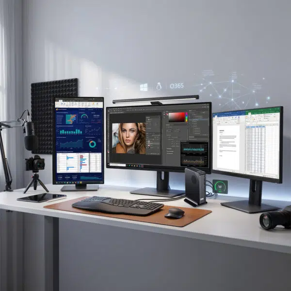 Workstation GPD Box Mini PC con configurazione a tre monitor per l'analisi dei dati, la creazione di contenuti e il monitoraggio professionale delle scorte.