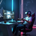 Person wearing a VR headset and headphones, holding dual controllers at a neon-lit gaming setup in a dark room.