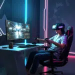 Persona che indossa cuffie e auricolari VR e tiene in mano due controller in una sala da gioco illuminata al neon in una stanza buia.
