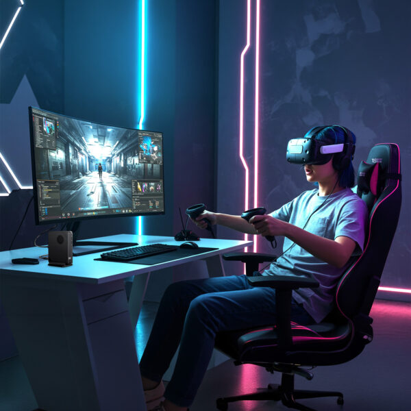 Person wearing a VR headset and headphones, holding dual controllers at a neon-lit gaming setup in a dark room.