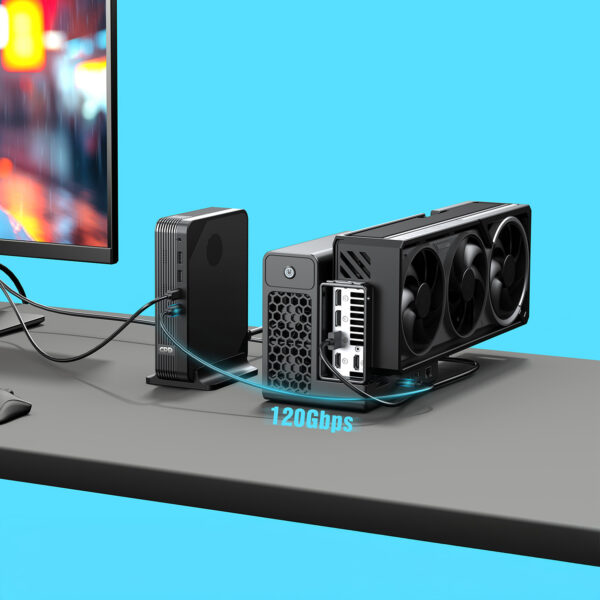 Technical demonstration of the GPD Box Mini PC connected to an external GPU via the 256Gbps MCIO 8i port for desktop-class graphics performance.