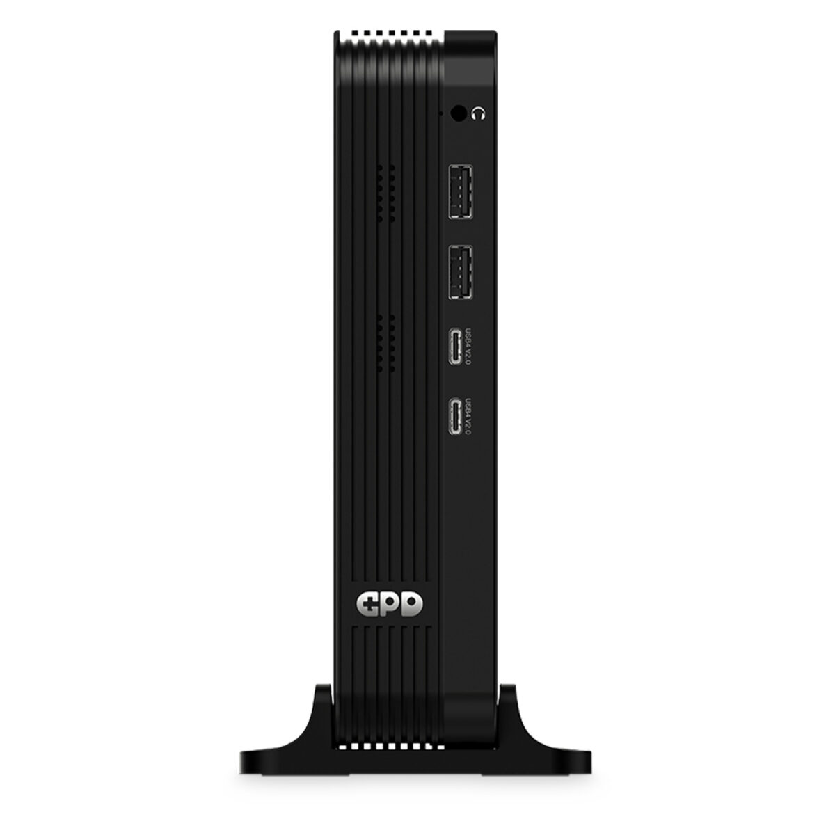 GPD-BOX-MARKETING-DONE-02 - GPD | PC Gaming Handhelds & Mini Laptops A vertical product shot of the front I/O panel of a black GPD eGPU or mini-PC. The device features a ribbed texture and is mounted in a stable black desk stand. From top to bottom, the ports include a headphone jack, two USB 3.2 Type-A ports, and two USB4 Version 2.0 Type-C ports. The silver GPD logo is positioned near the base.