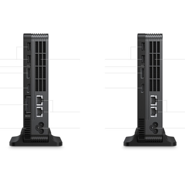 Rear view of GPD Box Mini PC showing Dual 2.5G LAN ports, HDMI 2.1, DisplayPort 2.1, and the exclusive MCIO expansion interface.