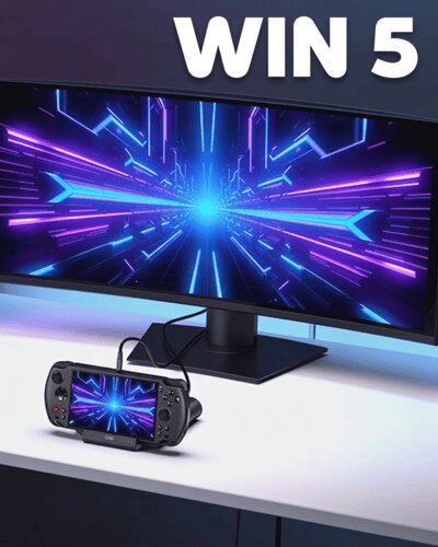 A landscape orientation studio photograph displays a GPD WIN Max 2 handheld gaming PC, in black and featuring physical controls, mounted on a black dock on a white table. A black cable connects the dock to a black, widescreen computer monitor. A dark blue space on the upper-right corner features the white text, "WIN 5". Both screens of the monitor and the handheld device show a matching graphic of a futuristic purple and blue tunnel of neon light.