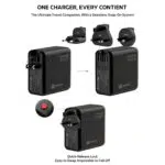 Chargeur tout-en-un de 140 W avec têtes de branchement interchangeables pour l'UE, le Royaume-Uni et l'AUS et verrouillage rapide pour un remplacement facile.