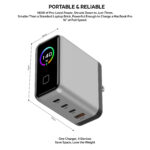 Compact 71mm-square multi-port charger with four output ports and a sleek gray finish, illustrating portability and space-saving design, plus the slogan 'One Charger, 4 Devices Save Space, Lose the Weight'
