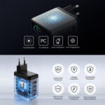 Power adapter with hex-patterned top and four feature icons: Fire Retardant, PC Material, Drop-Protection, Anti-Fingerprints.